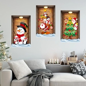 3D Merry Christmas wall stickers with Santa Claus and Snowman for festive home decor