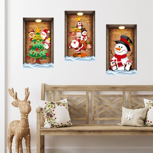 Detailed 3D Christmas wall stickers featuring Santa, snowman, and tree in brick wall niches