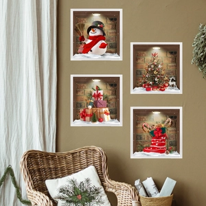 Close-up of 4-piece 3D Christmas wall stickers featuring snowmen and trees on a warm interior wall