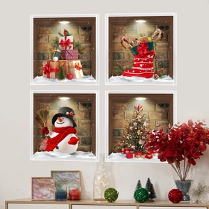 Set of four 3D Christmas wall stickers featuring snowman and tree on wood window frames