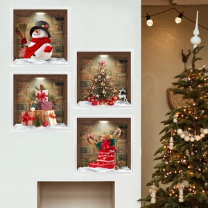 Detail of 4pcs 3D Christmas wall stickers with snowman and tree in home setting
