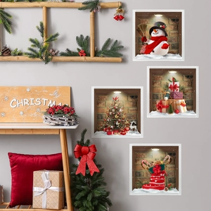 Detailed 3D Christmas wall stickers featuring snowman and tree on a grey festive wall