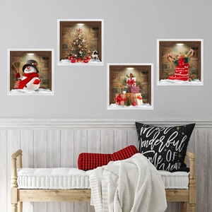 Detailed 3D Christmas tree and snowman wall stickers for home holiday decoration