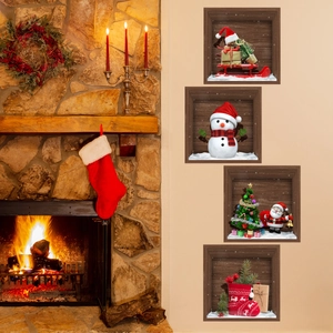 3D Christmas wall stickers set featuring Santa, snowman, and tree in a cozy living room