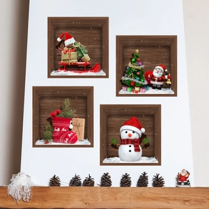 Set of four 3D Christmas window wall decals with Santa, snowman and festive tree patterns