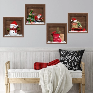 3D Christmas wall decals featuring snowman and Santa Claus set on a grey home wall