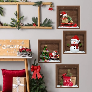 Detail of 4-piece 3D Christmas wall stickers with Santa and snowman in a home setting