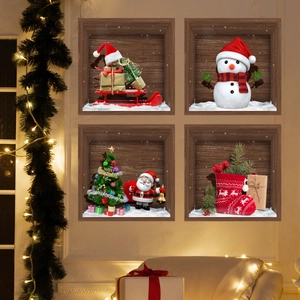3D Christmas wall stickers set featuring Santa, snowman, and tree for home holiday decor