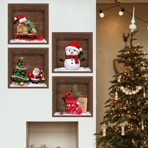 3D Christmas wall stickers set featuring snowman and Santa in realistic wooden frames