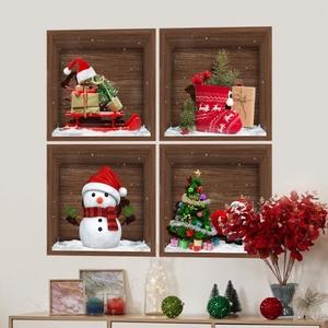 Detailed 3D Christmas wall stickers featuring snowman and tree in window frames