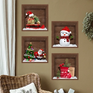 Detail of 3D Christmas wall stickers featuring snowman and Santa in wooden niche design
