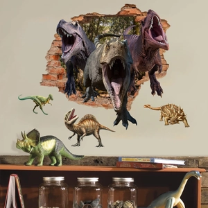 Sticker mural 3D réaliste de dinosaures traversant un mur de briques pour décor