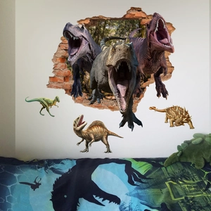 Sticker mural 3D dinosaure T-Rex brisant le mur de briques pour chambre d'enfant