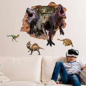 Stickers muraux 3D dinosaures traversant le mur pour décoration de salon et chambre