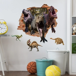 Ensemble de stickers muraux dinosaures 3D sur un mur blanc dans une chambre d'enfant