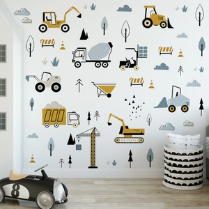 Cartoon construction vehicle wall stickers for kids room featuring excavator and crane