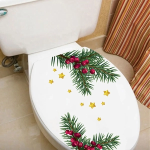 Adesivi natalizi per sedile WC con aghi di pino, bacche rosse e stelle dorate brillanti