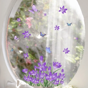 Static glass window sticker featuring purple flowers and colorful butterflies on white window