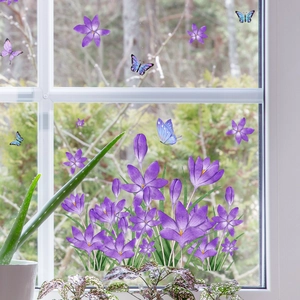 Purple crocus floral and butterfly static window stickers for home glass decoration