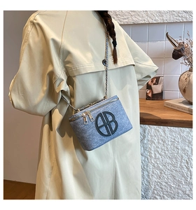Detail of blue-grey textured box bag with gold chain strap on a trench coat