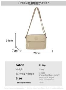 Detail of light beige nylon crossbody bag showing 20x14x7cm dimensions and adjustable strap