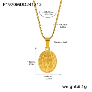 Detail of gold stainless steel religious pendant with embossed pattern and dimensions