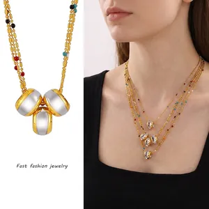 Stainless Steel Necklace Multi Layer Colorful Beads LOVE Cylinder Pendant Gold Plated Fashion Jewelry For Women
