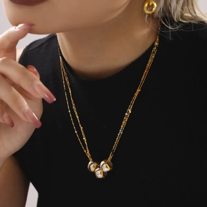 Multi-layer gold stainless steel necklace with LOVE pendants and colorful rice beads