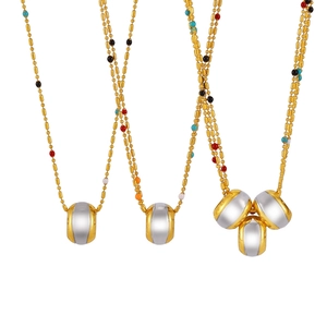 Stainless steel multilayer beaded necklace with LOVE gold-plated textured pendants