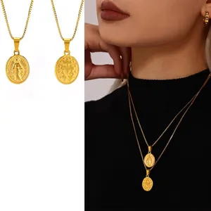 Religious Miraculous Medal Necklace Gold Plated Stainless Steel Virgin Mary Oval Pendant Box Chain Jewelry For Women