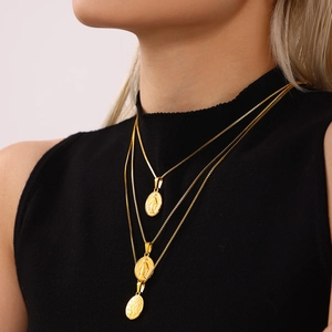 Three-layer gold stainless steel necklace with religious portraits and box chain style