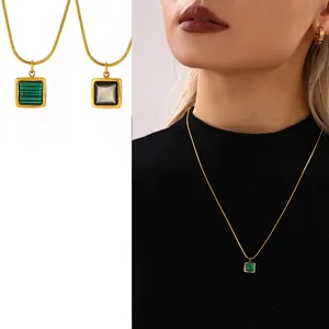 Square Pendant Necklace Stainless Steel Gold Plated Snake Chain With Black Shell And Malachite Inlay Elegant For Women