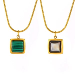 Minimalist gold snake chain necklace with square malachite and black shell pendants