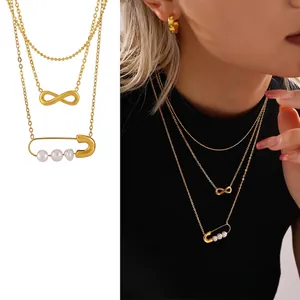 Stainless Steel Gold Plated Necklace For Women With Freshwater Pearl Amethyst Citrine Infinity Symbol Safety Pin Pendant Fashion Jewelry Necklace