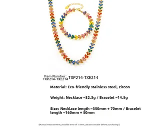 Ensemble collier et bracelet en acier doré 18K avec zircons arc-en-ciel détails