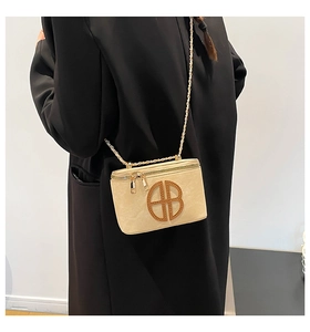 Detail of a beige box crossbody bag featuring a large gold logo and slim chain strap