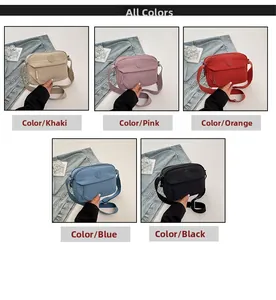 Multi-compartment nylon crossbody bag set showing khaki, pink, orange, blue, and black colors