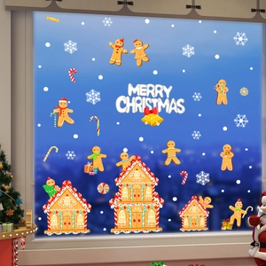 Detailed Christmas window stickers featuring gingerbread man, house and Merry Christmas text