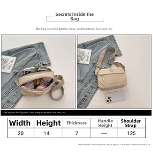 Size guide for beige nylon crossbody bag showing 20x14x7 cm dimensions and internal capacity