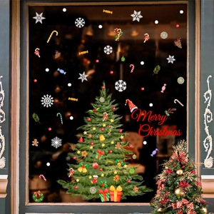 Detail of Merry Christmas static window stickers with tree, gingerbread man and gift boxes