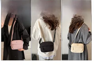 Nylon crossbody bag shown in three colors with adjustable straps and multiple carrying styles