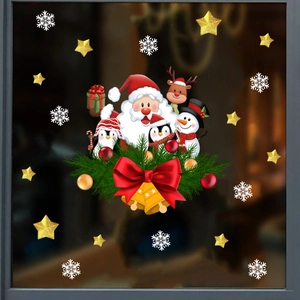 Detailed Christmas window stickers featuring Santa, reindeer, and snowflakes on glass surface