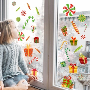 Colorful Christmas tree candy window stickers with gift boxes and candy canes decor