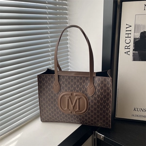 Sac Fourre-Tout à la Mode pour Femmes Imprimé Monogramme Grande Capacité Sac à Épaule en Cuir PU pour Bureau Chic Quotidien