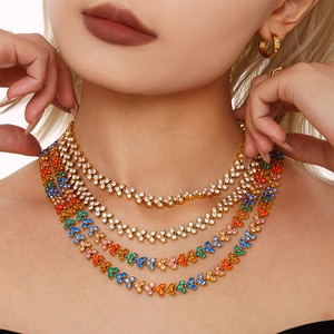 Colorful multi-layer zircon rhinestone necklace in gold-plated stainless steel on model