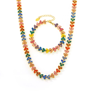 Rainbow cubic zirconia stainless steel necklace and bracelet set with 18K gold plating