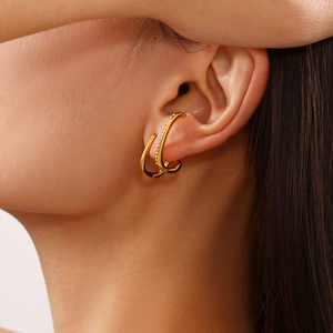 Ear cuff dorato a doppio strato con zirconi per orecchie senza buco, stile lusso