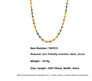 Macro detail of colorful heart zircon necklace with stainless steel size specifications