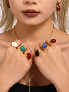 Vue détaillée d'une parure en résine colorée avec bagues dorées et collier assorti
