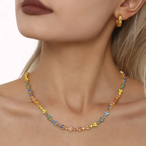 Luxurious 18k gold plated stainless steel necklace with colorful zircon stones and hoop earrings